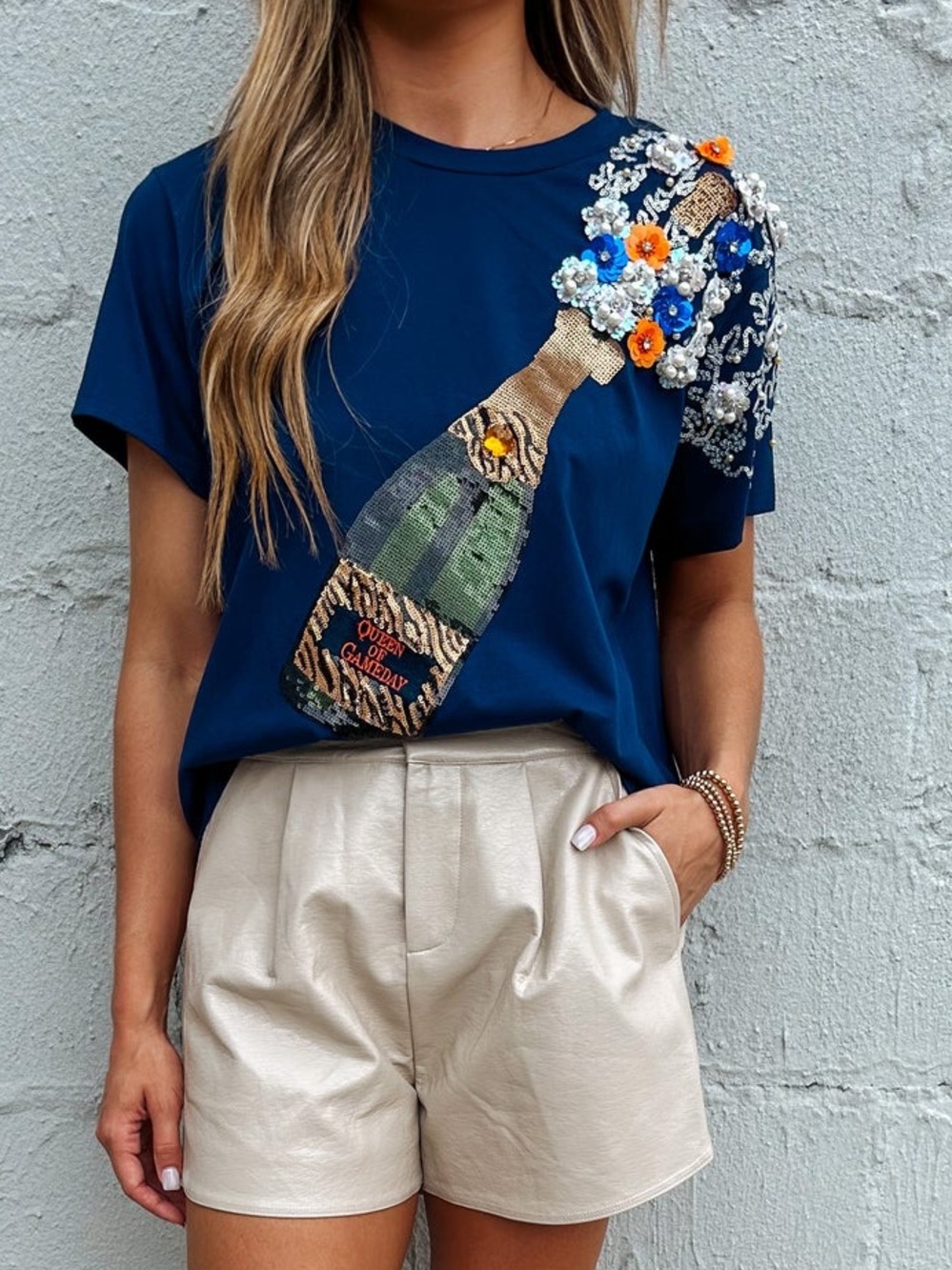 QUEEN OF SPARKLES Navy & Silver Star Popping Champagne Tee